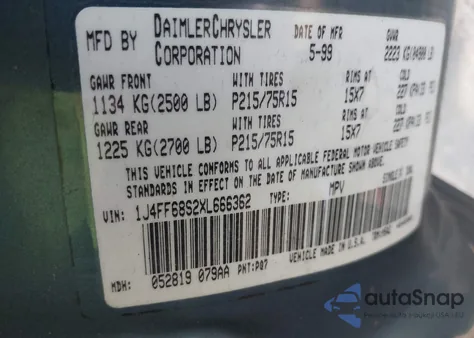 1999 Jeep Cherokee Classic/Sport из США, поврежденный, VIN 1J4FF68S2XL666362